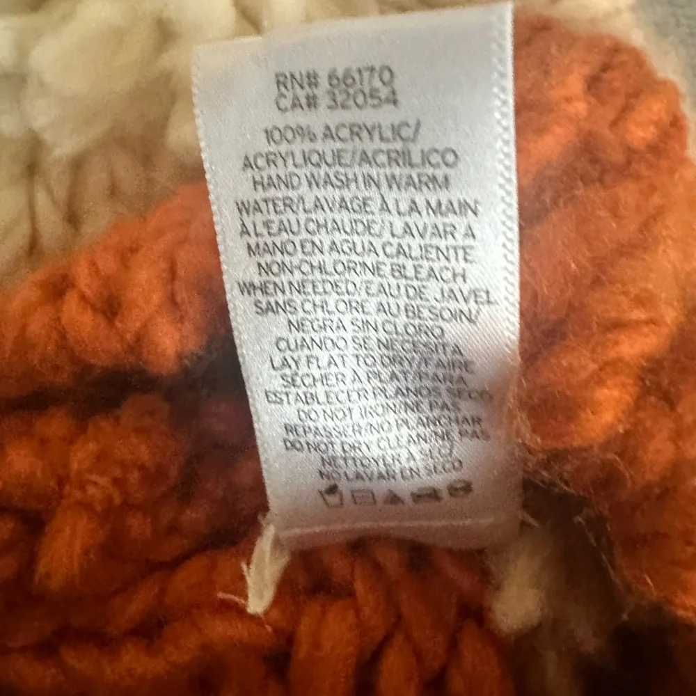 Anthropologie Colorblock Pom Beanie Orange Tan Cream Chunky Knit New with Tags!